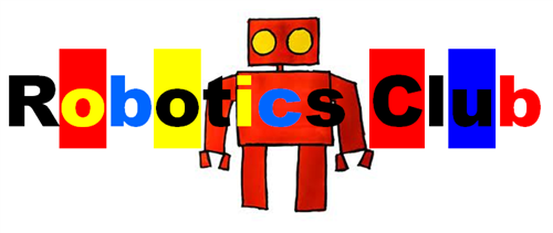 Robotics Club spelled out in colorful block letters with a robot in the middle